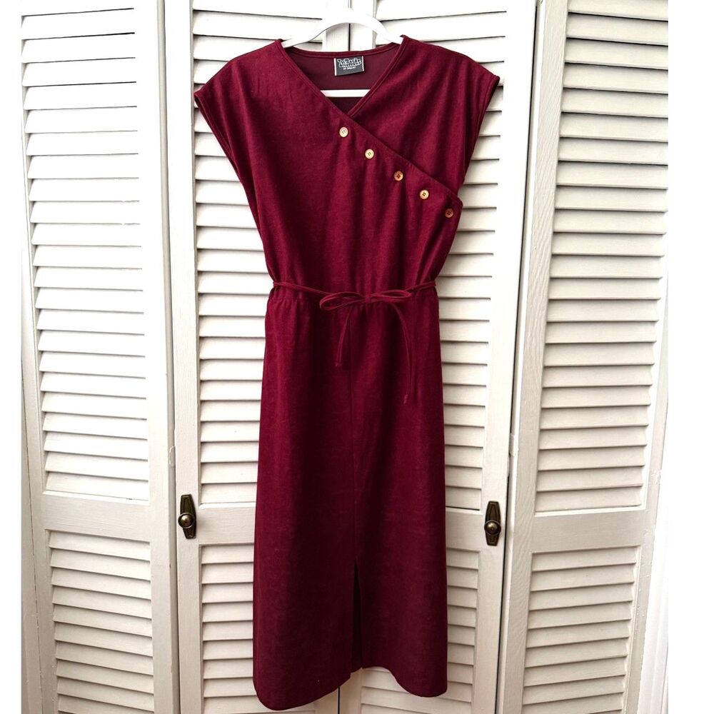 Vintage 70's Burgundy V Neck Midi Dress Side Button Detailing Retro Disco Boho